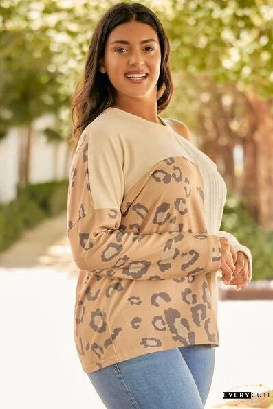 Plus Size Leopard Color Block Long Sleeve T-Shirt