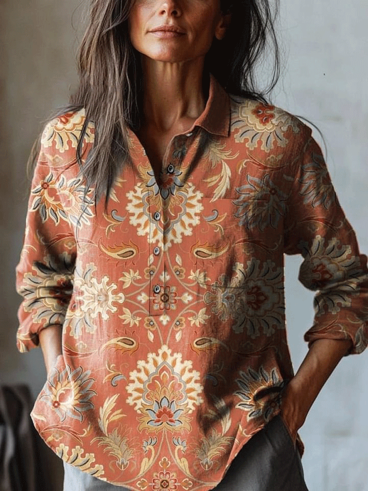 Women's Vintage Lovely Floral Art Print Casual Cotton And Linen Shirt