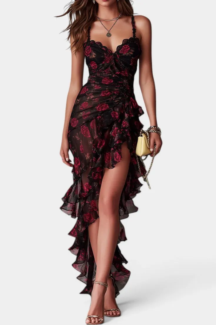 Rose-Print Asymmetric Ruffled Bodice Dress