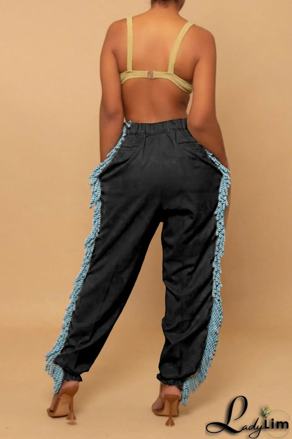Green Casual Solid Tassel Patchwork Loose High Waist Pencil Solid Color Bottoms