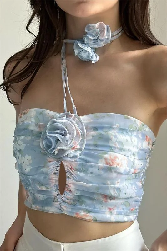Floral Halter Neck Backless Top