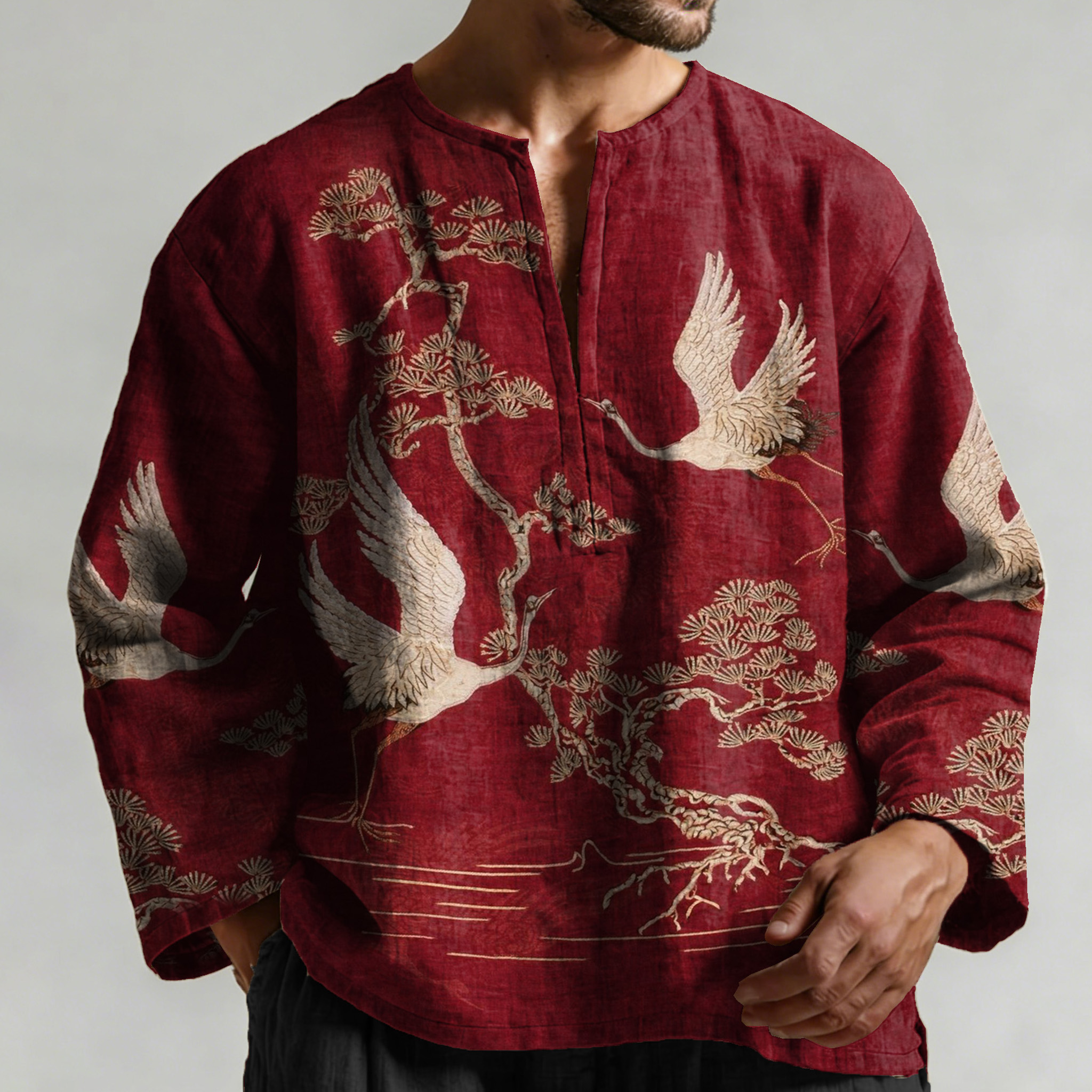 Retro Pine With Crane Art Pattern Long Sleeve Linen Shirt  artssus