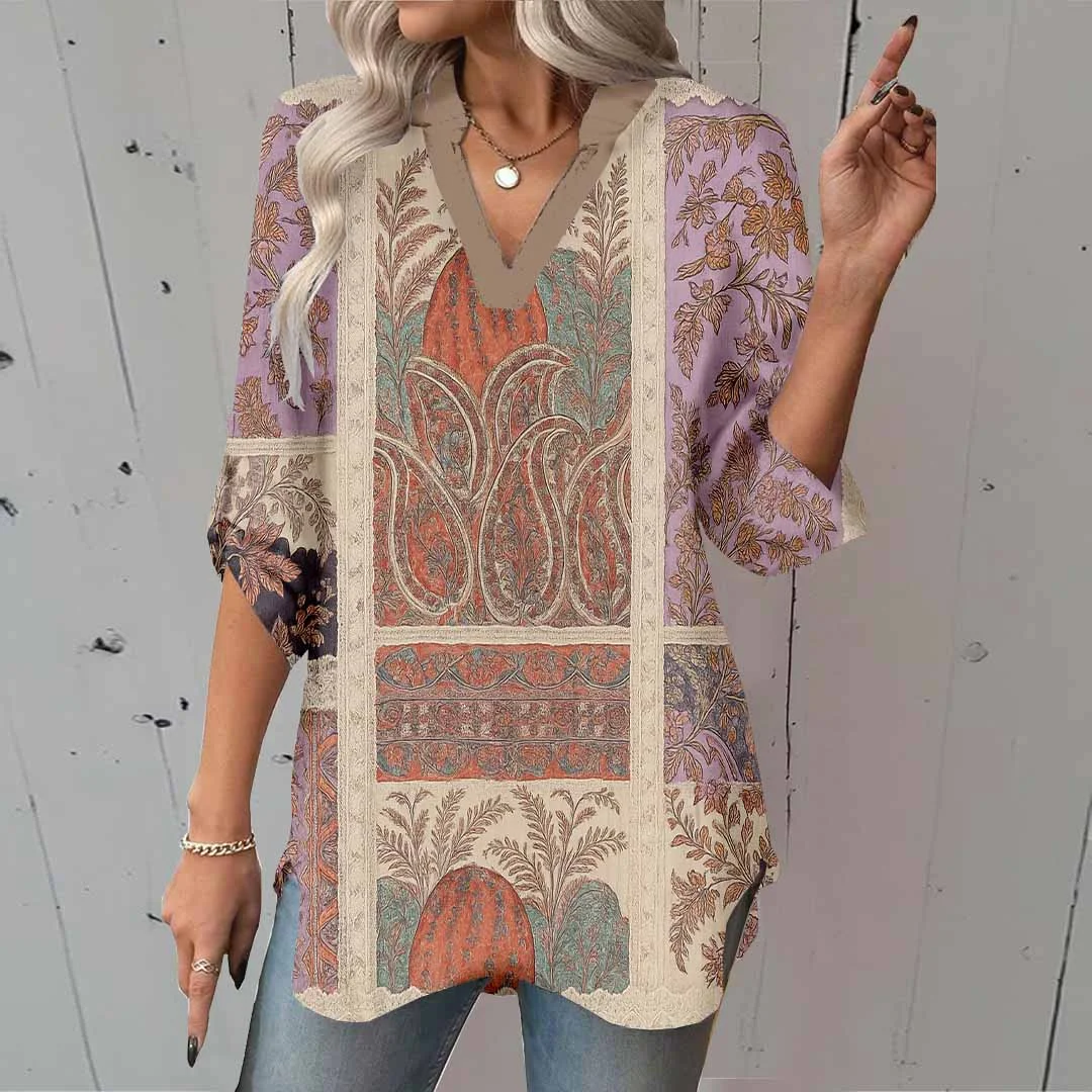 Women Artistic,Purple DZGA0269 3/4 Sleeve V-neck Printed Graphic Button Tops