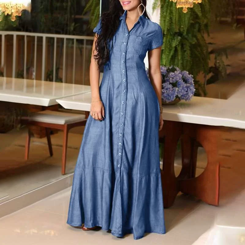 VONDA Summer Elegant Denim Dress 2022 Short Sleeve Lapel Button Down Pure Shirt Dresses Fashion Party Vestido Loose Solid Robe