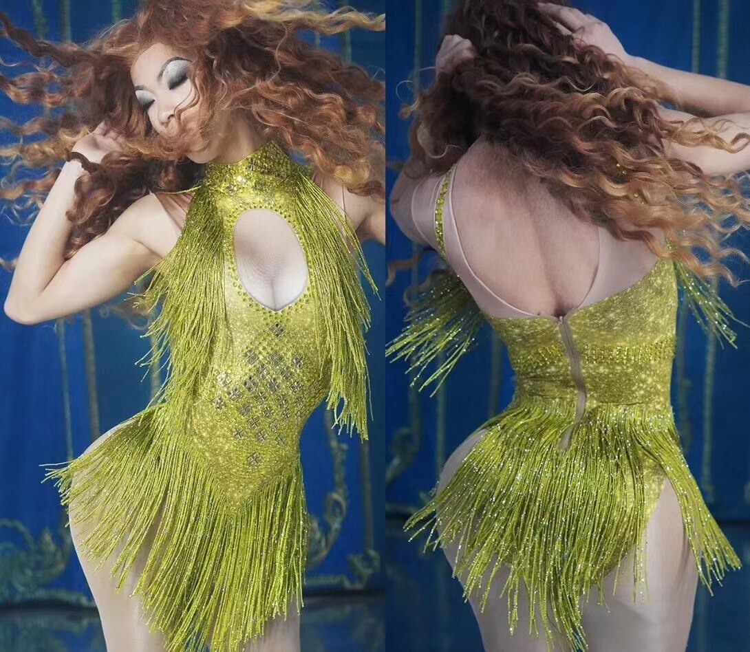 VCSHOES Sparkly Rhinestones Tassel Leotard Women Nightclub Dance Show Costumes Outfits Stage Wear Stretch Bodysuit Party Female