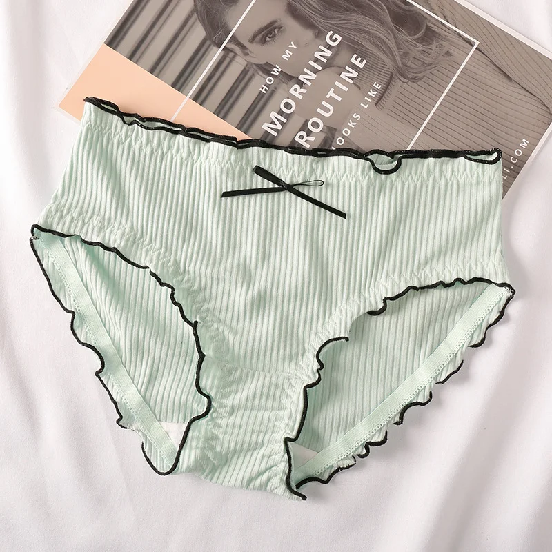 Billionm Japan Style Briefs Sexy Comfort Cotton Mid Waist Women Panties Lovely Bow Stripe Lingerie Solid Health Sleep Underwear