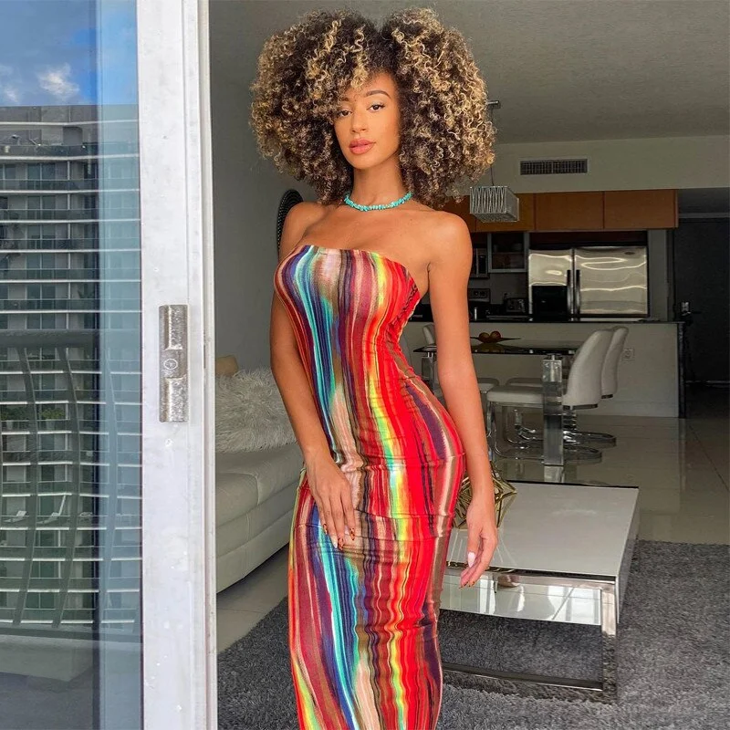 Hirigin 2021 Print Knit Bodycon Dress Women Red Y2K Summer Hollow Out Sexy Sleeveless Spaghetti Strap Beach Midi Dresses Party