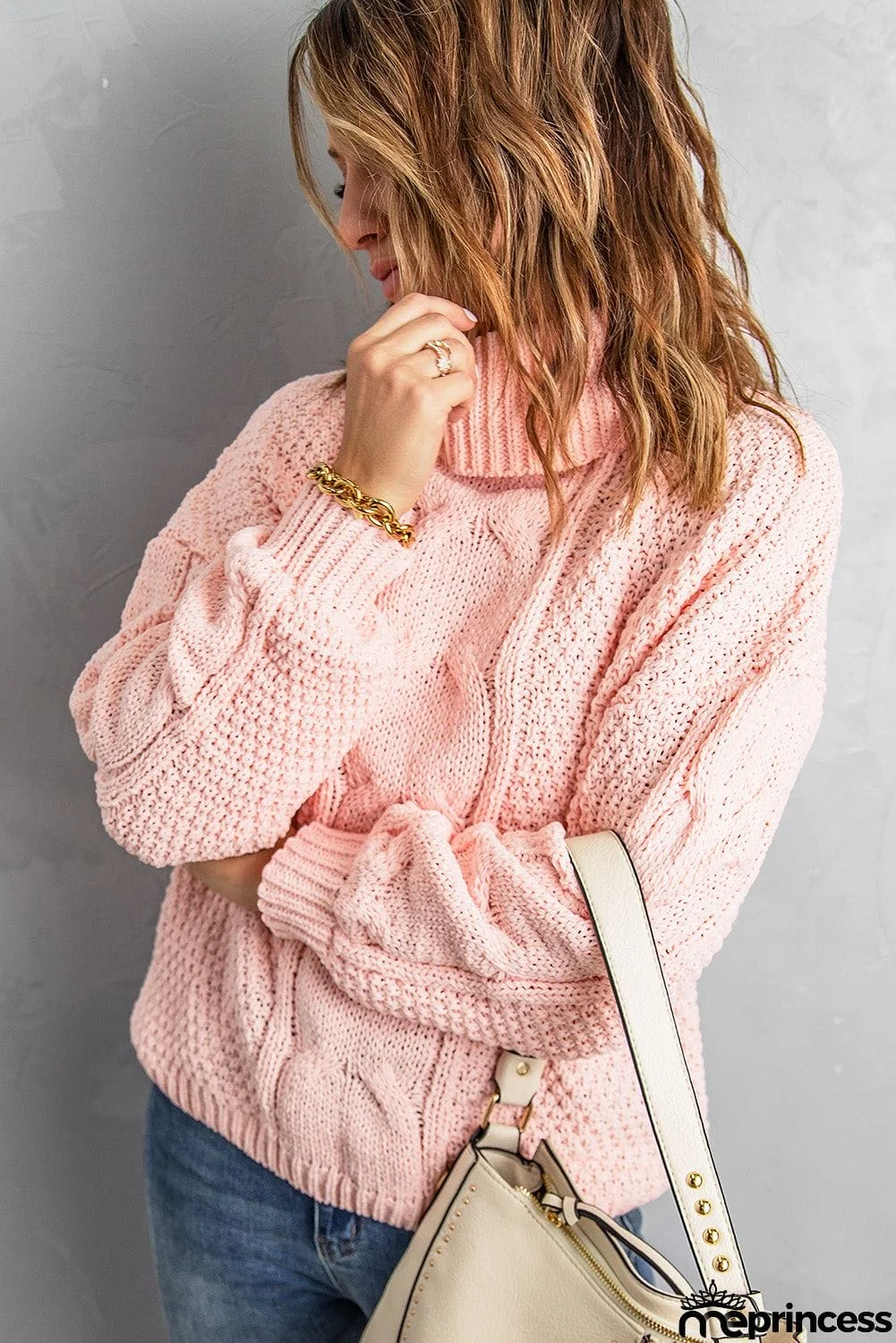 Pink Turtleneck Cable Knit Sweater