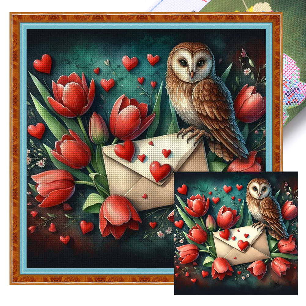 Tulip Envelope Owl Full 11CT Pre-stamped Canvas(45*45cm) Cross Stitch