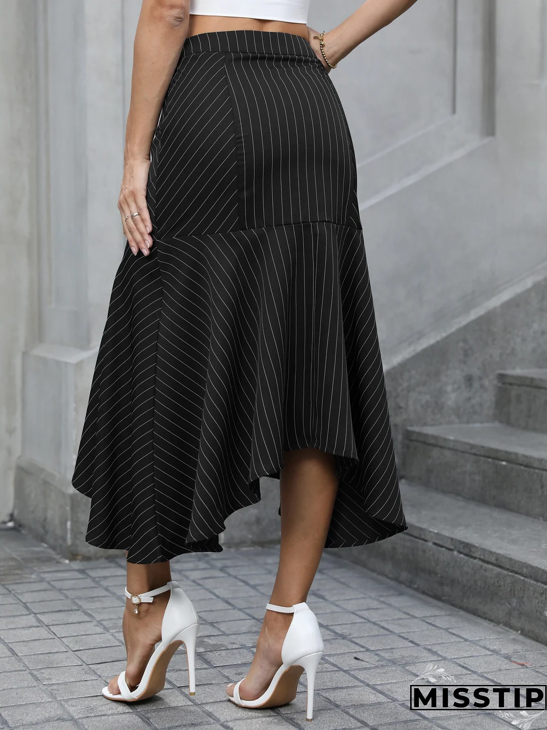 Striped Button Front Bodycon Skirt, Casual High Waist Ruffle Midi Skirt, Women's Clothing