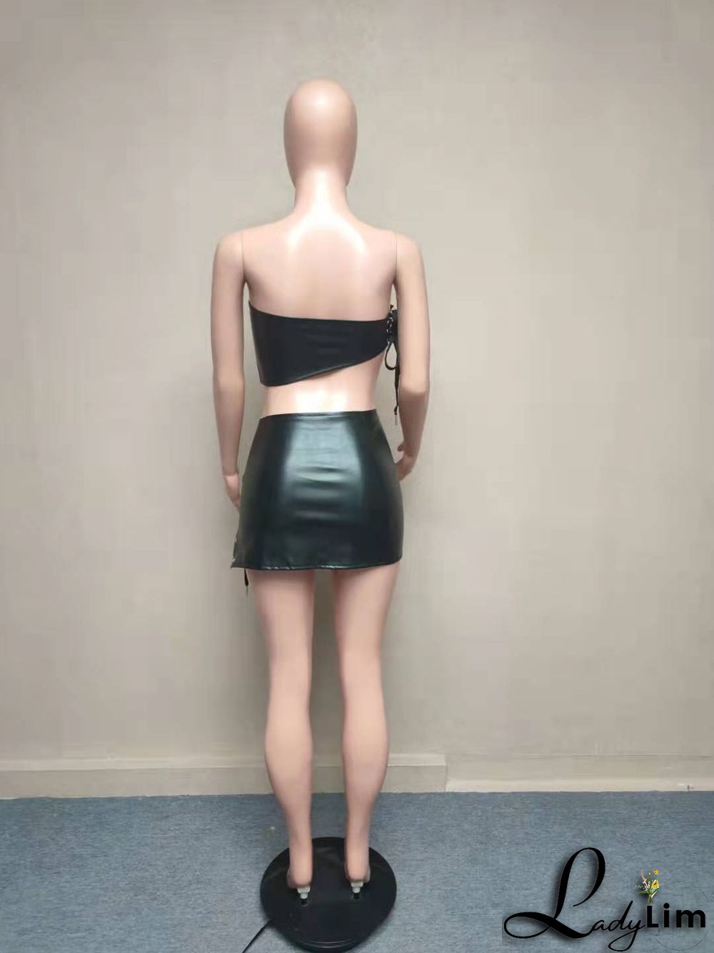 Womens Sexy Pu-Leather Strapless Top+ Lace-Up Mini dress Irregular Two Piece