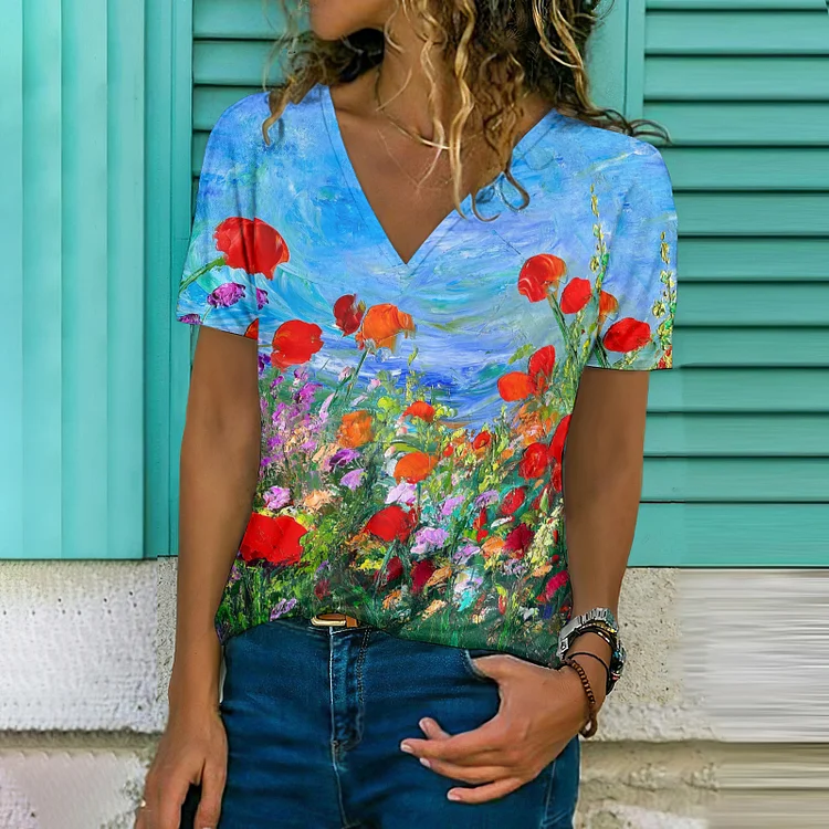 Oil Painting Flower Print V-Neck Short Sleeved T-Shirt