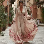 Women's Vintage Floral Art Linen Blend V-neck Dress - Image 2