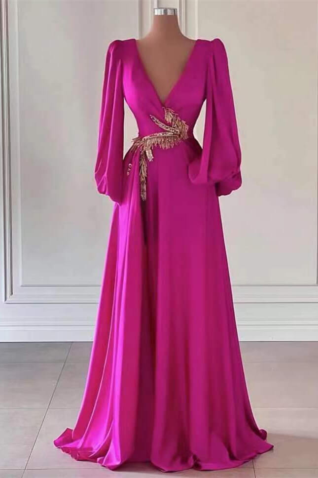 Oknass Fuchsia Dark V-Neck A-Line Long Sleeves Prom Dress With Embellishment