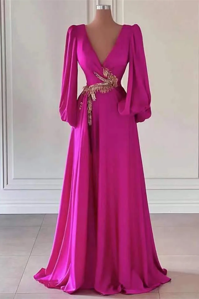 Fuchsia Long Sleeves A-Line Dark V-Neck Prom Dress With Embellishment ED0201