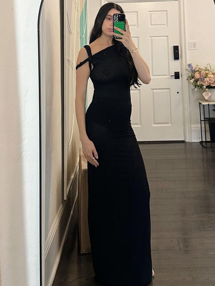 Ootddress Fashion Slim Maxi Dress For Women Diagonal Collar Sleeveless Banquet Long Dress Elegant Solid Color High Waist Summer 2025