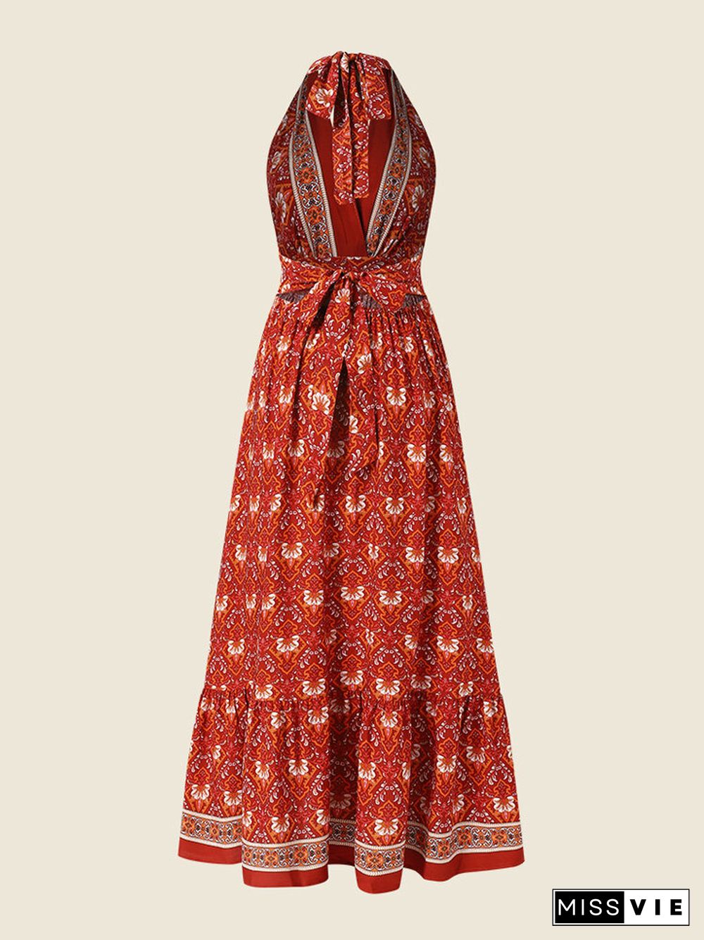 Bohemian Flower Self Tie Halter Open Back Bow Maxi Swing Dress