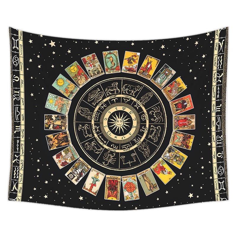 Tarot Card Mandala Tapestry Wheel of the Zodiac Astrology Chart & the Major Arcana Tarot Sun and Moon Wall Hanging Home Decor