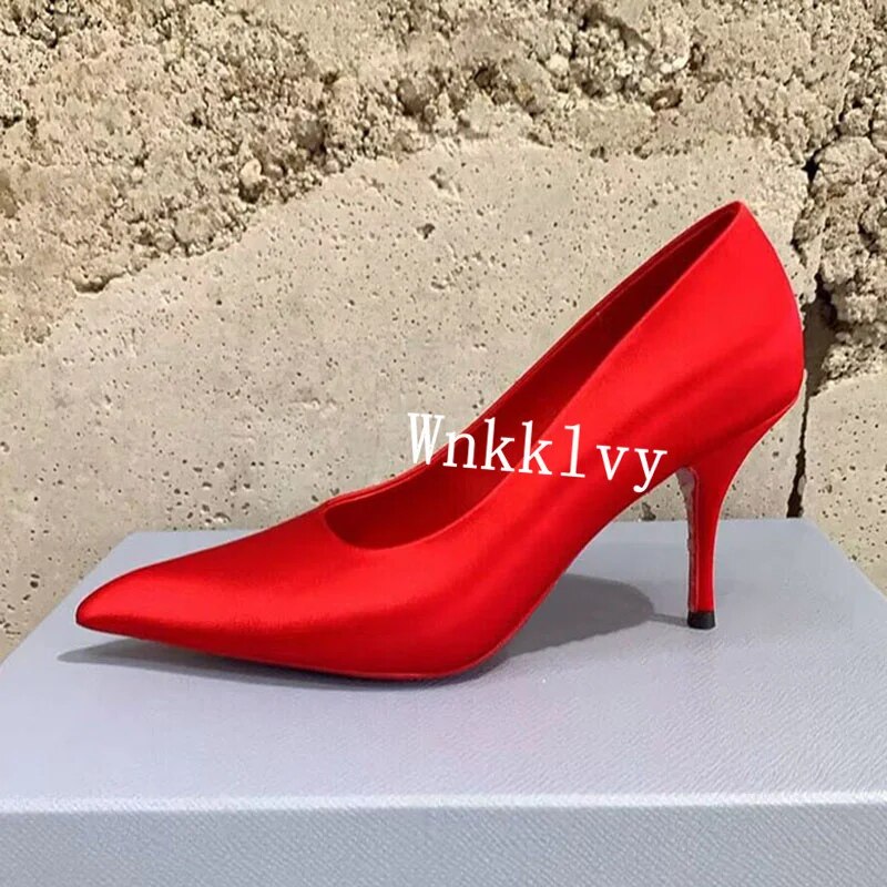 VCshoes Women Silk Satin Pointed Toe Pumps Shallow Mouth Thin High Heels Single Shoes Ladies Party Dress Shoes