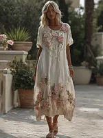 Women's Vintage Pink Rose Gradient Pattern Linen Crew Neck Dress