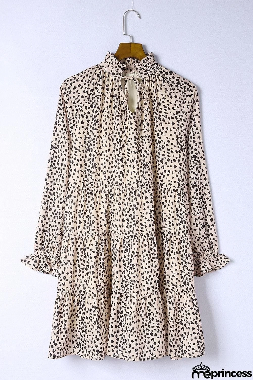 Printed Tie-Neck Flounce Sleeve Tiered Dress