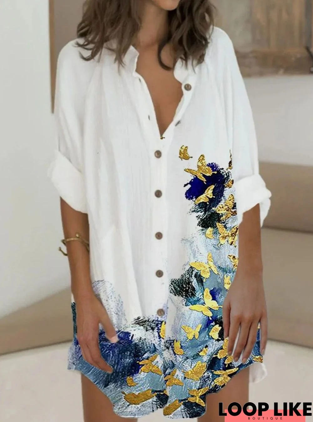 Lapel Butterfly Print Long Sleeve Ladies Dress White Dresses