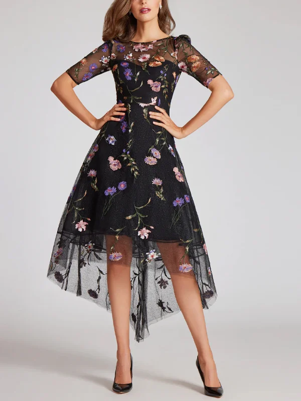 Round Neck Short Sleeve Mesh Print Midi Dress