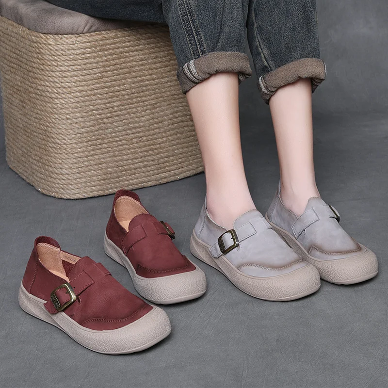 Yyvonne Time 99] Head-Level Cowhed Leather Retro Casual Women's Shoes New Fashion One-Word Buckle Comfortable Flat Single Shoes