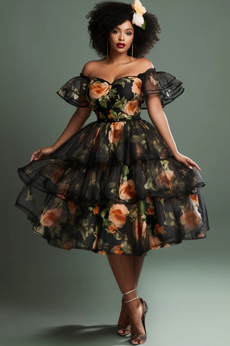 Xpluswear Design Plus Size Wedding Guest Black Sundress Floral Off The Shoulder Short Sleeve Ruffle Tiered Tulle Midi Dresses [Pre-Order] 2024 - Xpluswear
