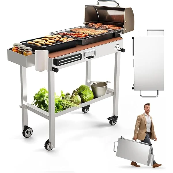 Portable and Foldable Outdoor Grill Table Designed for 17"/22" Griddles, Providing Ample Space, Mobility with Wheels, and Including a Built-in Condiment and Paper Towel Tray