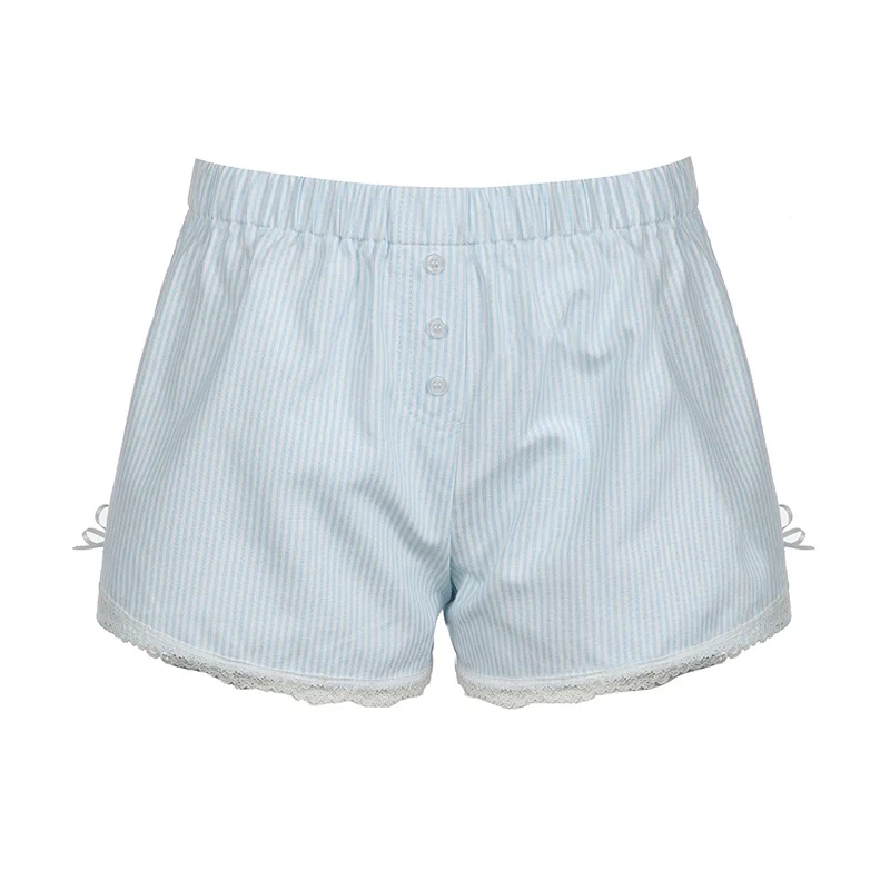 Ueong Color Bow Tie Lace Stitching Loose Wide-Legged Shorts Striped Home Casual Pants