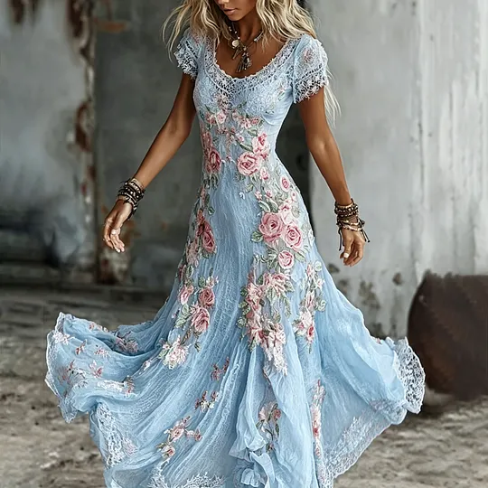 bohemian flowy maxi dress Women's Bohemia Rose Floral Embroidered Art low hem that creates hochzeitskleid Wet Look PVC Vinyl Sizes:6