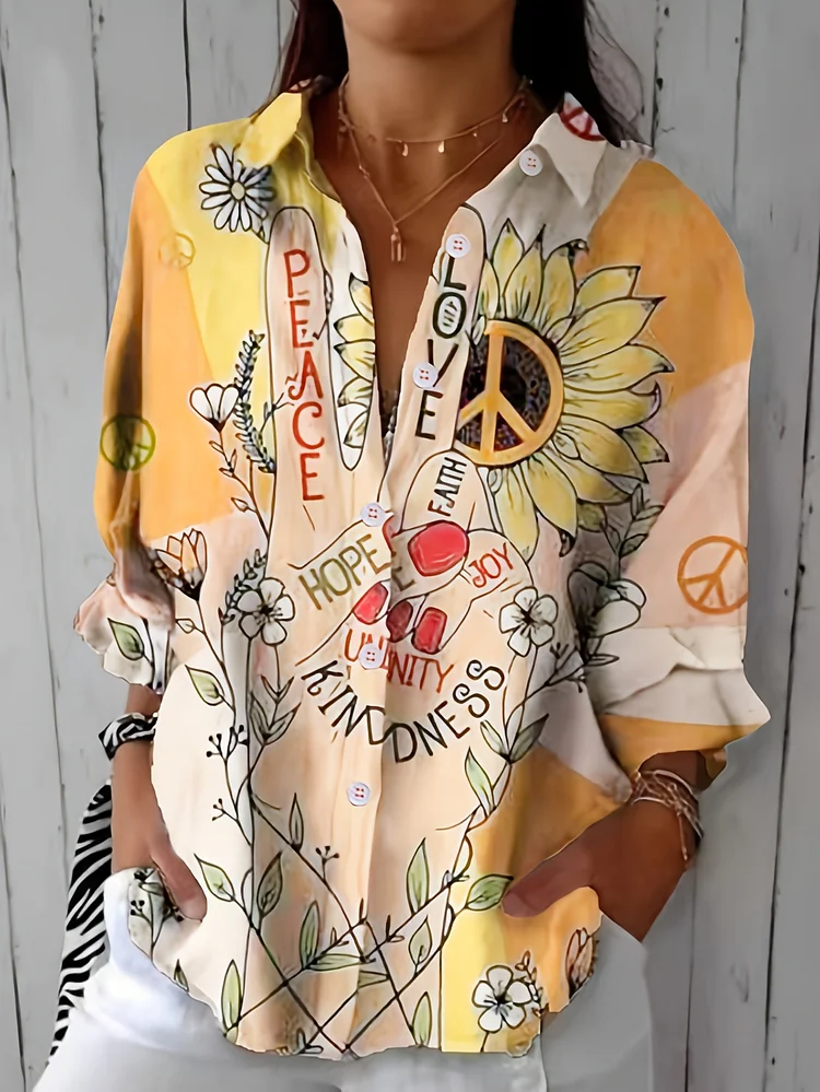 Vintage Floral Print Women's Button-Up Shirt | Long Sleeves, Casual Lapel Collar, Spring & Summer Top With "Peace, Love, Unity" Design, Casual Attire