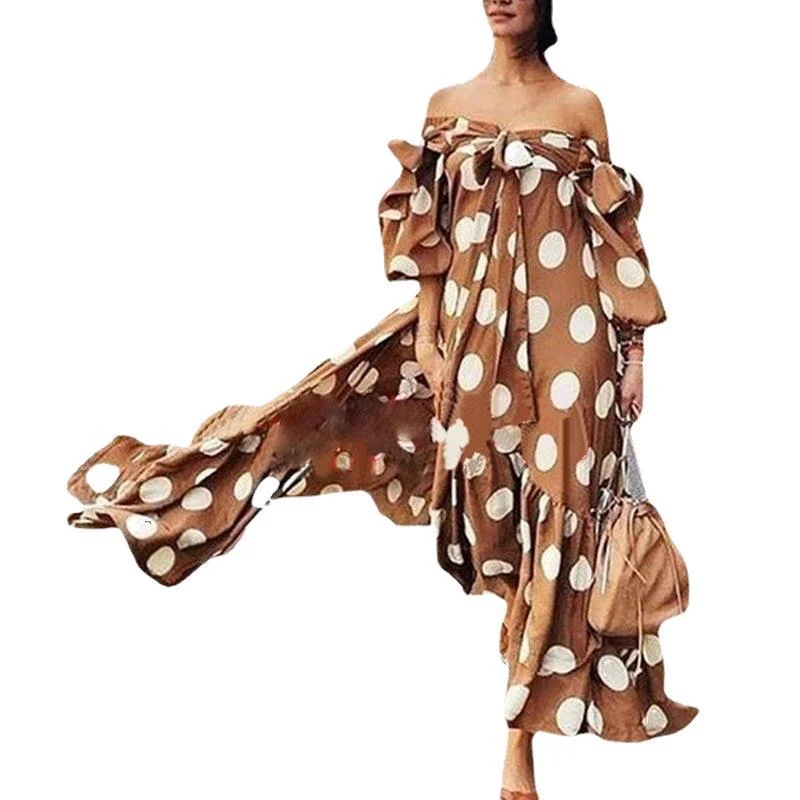 Uveng Off Shoulder Polka Dot Bohemian Maxi Dresses