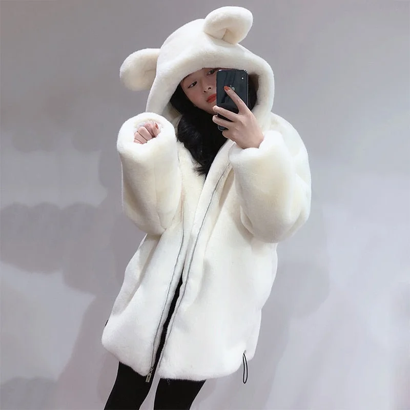 Winter Warm Cute bear ears Hooded Faux Fur coats Women Thicken Loose Mid length Plush jackets Sweet Fake Rabbit Fur Outwears