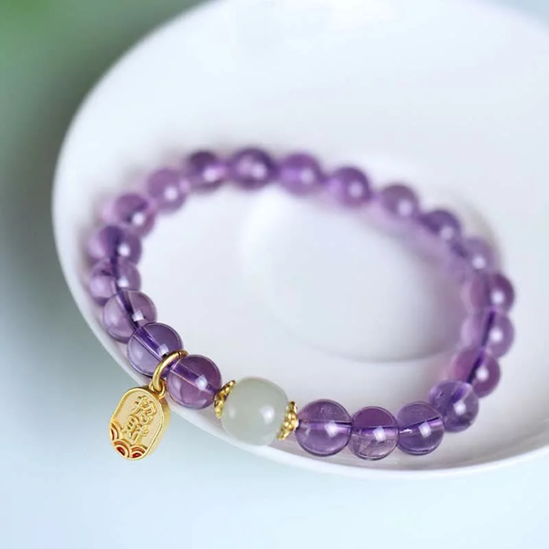 Natural Amethyst Crystal Hetian Jade Healing Charm Bracelet