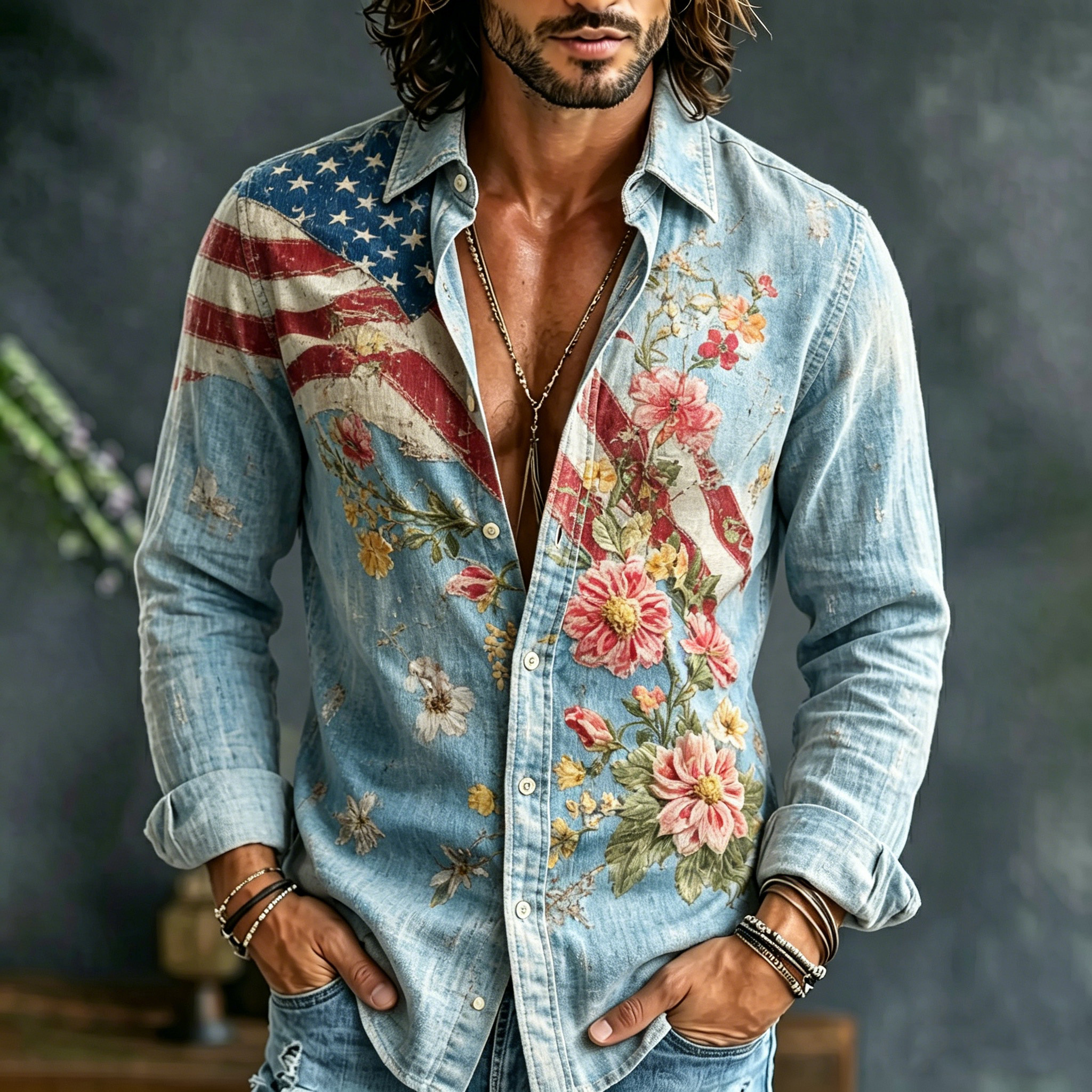  Men's Flag Floral Art Print Long Sleeve Casual Shirt Westsshops
