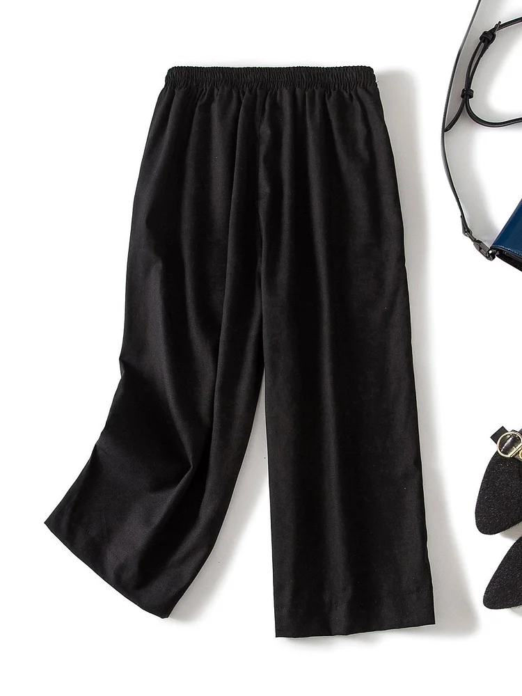 Women Pockets Solid Casual Linen Cropped Pants
