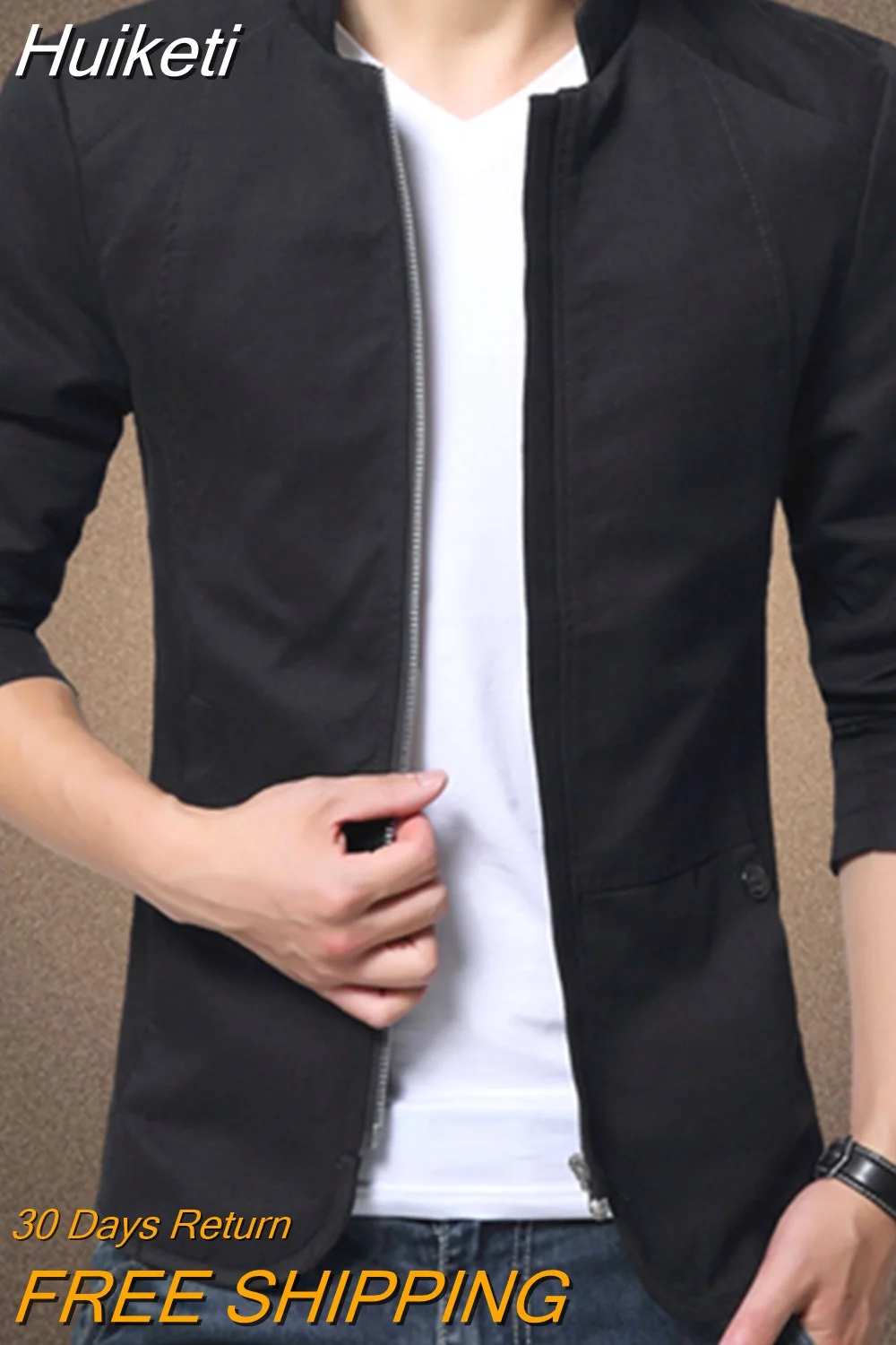Huiketi Mens Jacket Fashion Standing Collar Jacket Coats Men Slim Fit Business Casual Male Jackets Men Clothing Plus Size M-5XL Solid