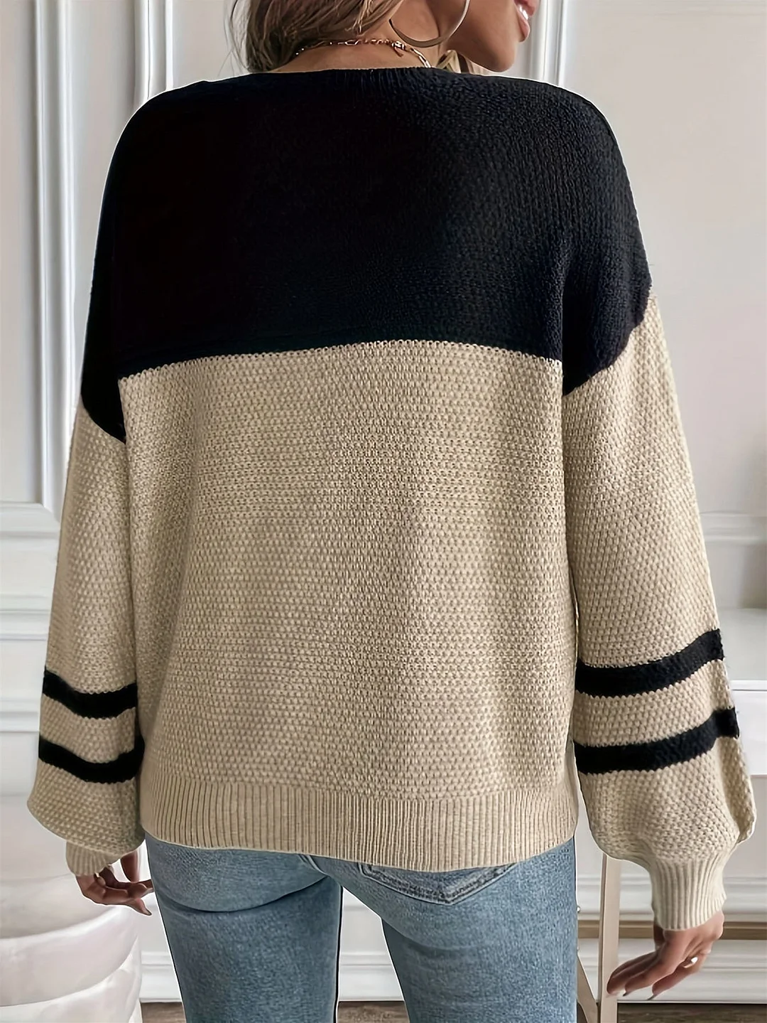 Women's Long Sleeve Scoop Neck Colorblock Sweater Tops