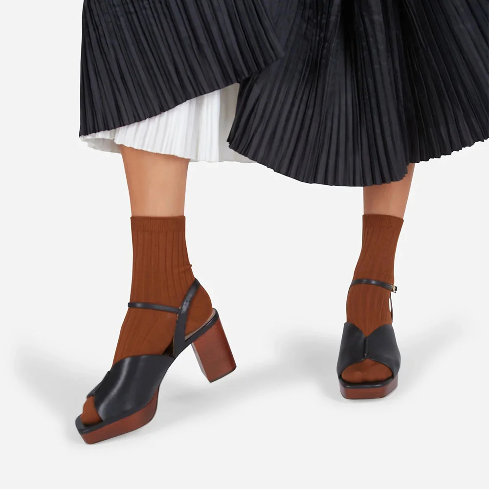 Chunky Heel Square Toe Ankle Strap Buckle Black Platform Sandals