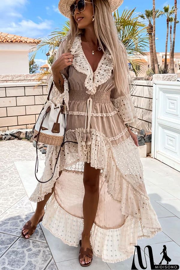 MidiSono - Sandy Dream Embroidered Crochet High Low Dress
