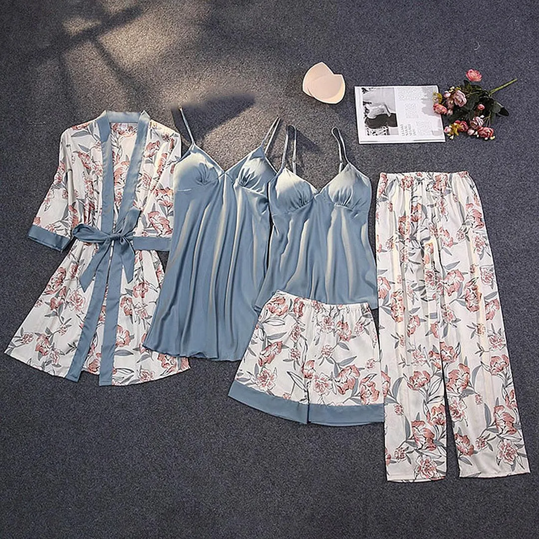 Churchf New Sex Black Homewear Five-Piece Set Of Fashion Lace Pyjamas Set Printed Women's Set