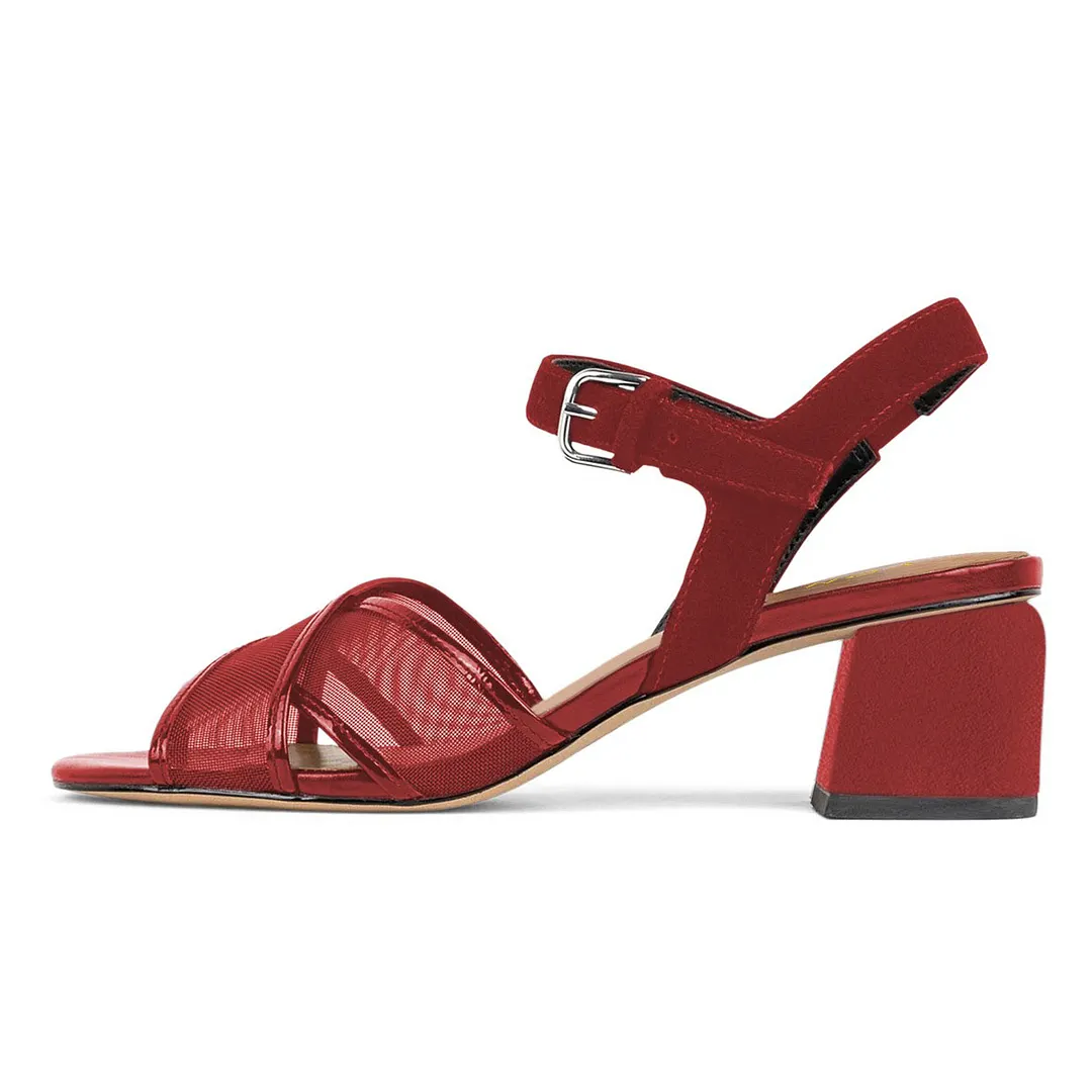 Red Mesh Patchwork Ankle Strap Open Square Toe Women's Heel Sandals