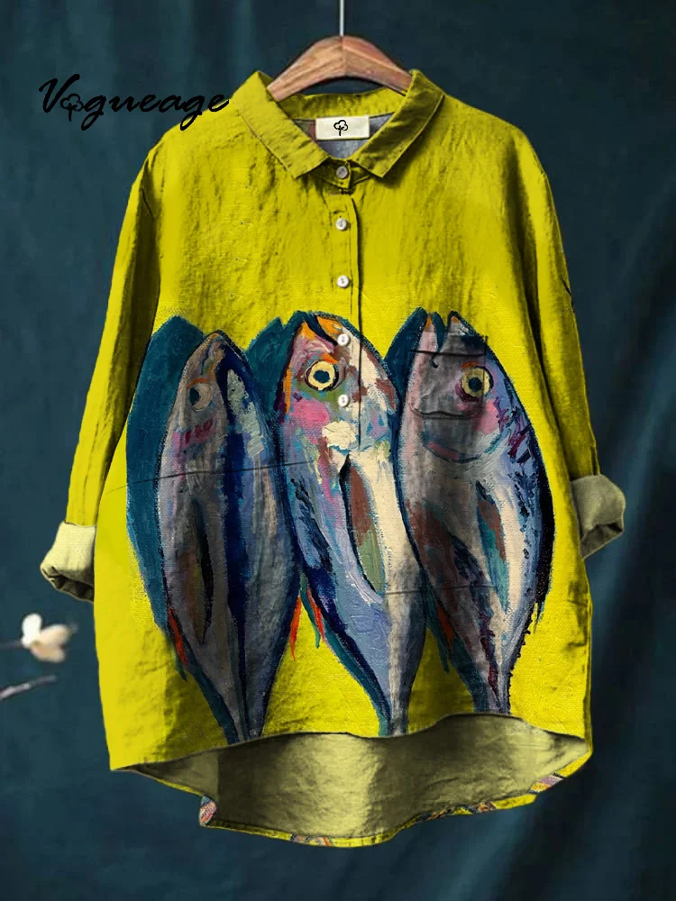 Oil Painting Ocean Fish Printed Cotton And Linen Shirt