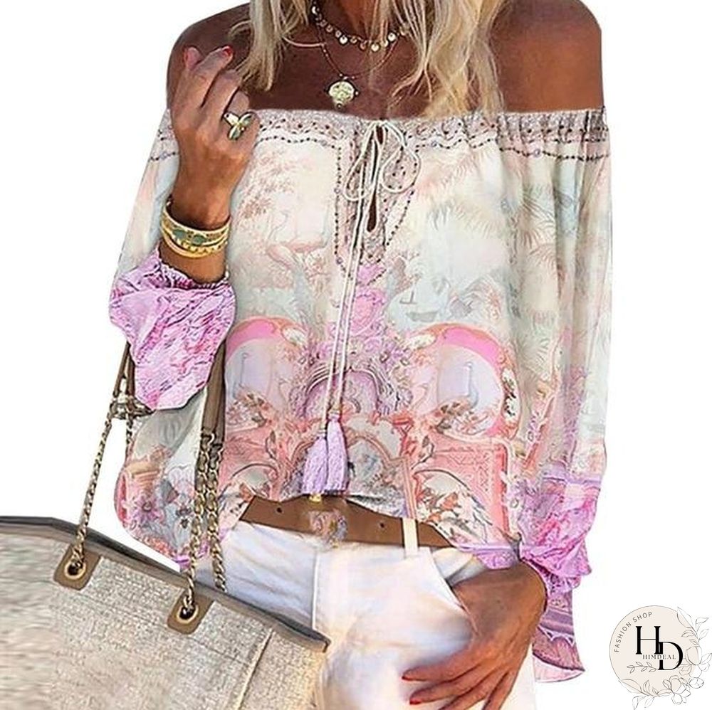 Womens Long Sleeve Off Shoulder Floral Print Hollow Out Lace Blouse Tops Shirts Female