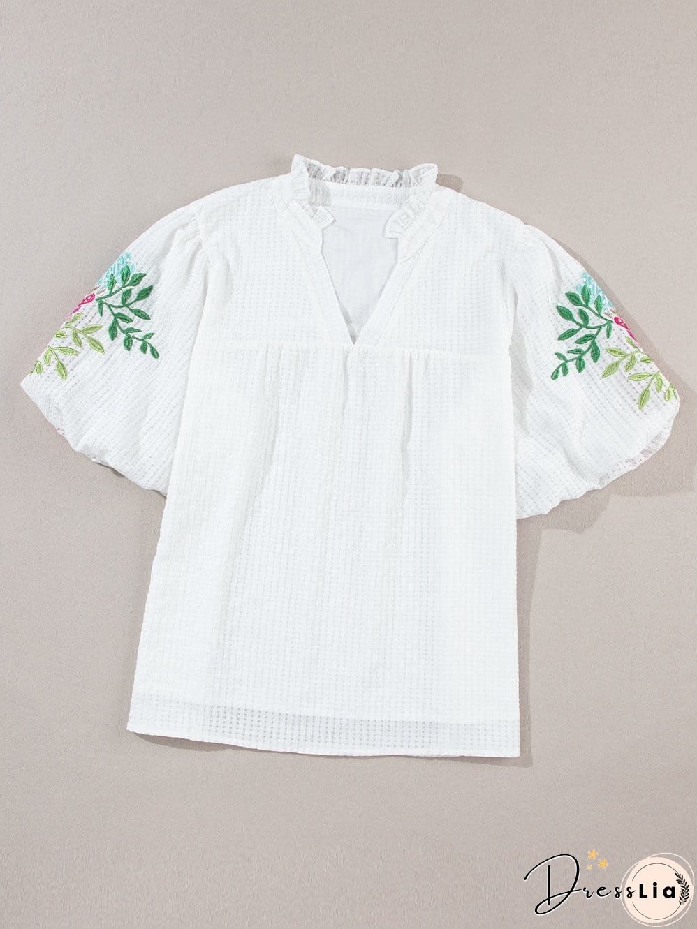 White Floral Embroidered Puff Sleeve V-Neck Mesh Detail Blouse