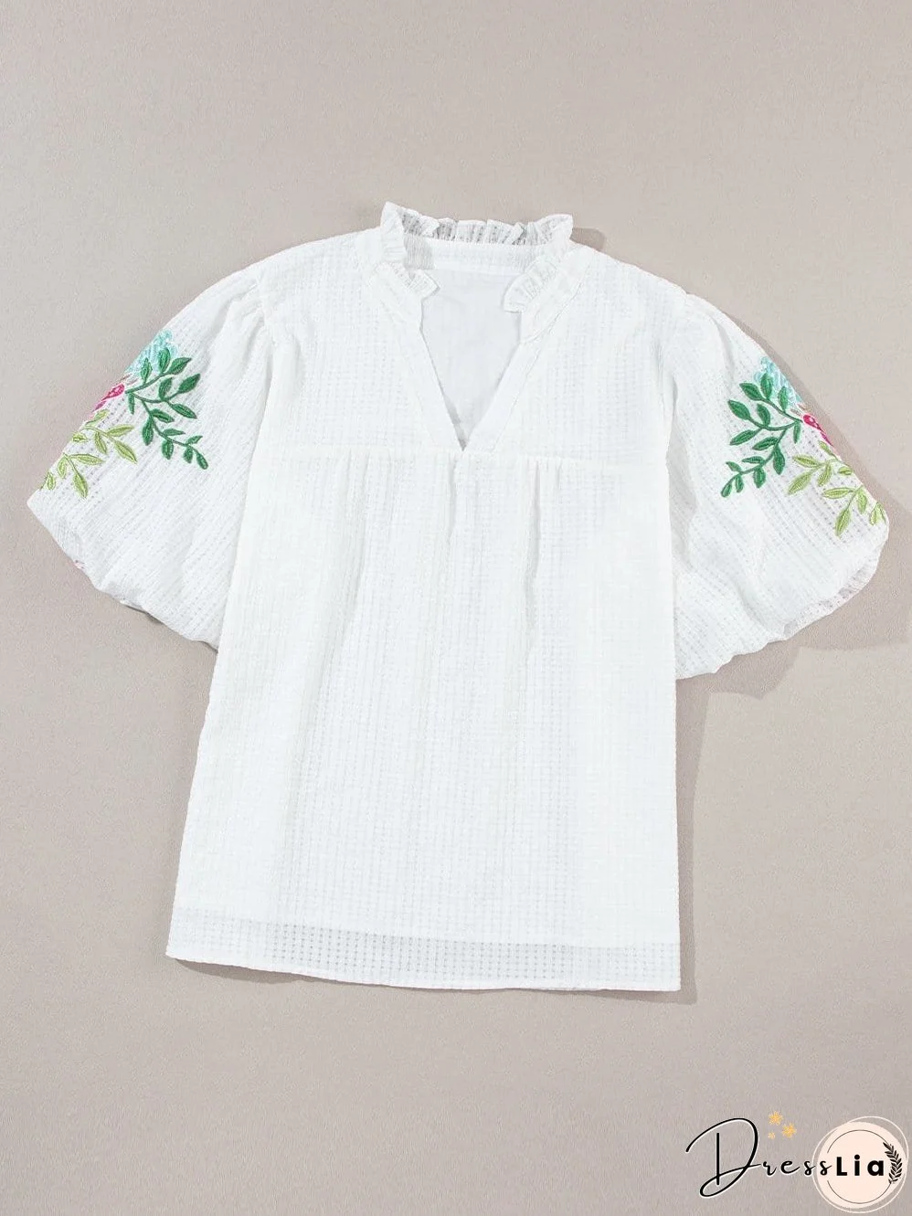 White Floral Embroidered Puff Sleeve V-Neck Mesh Detail Blouse