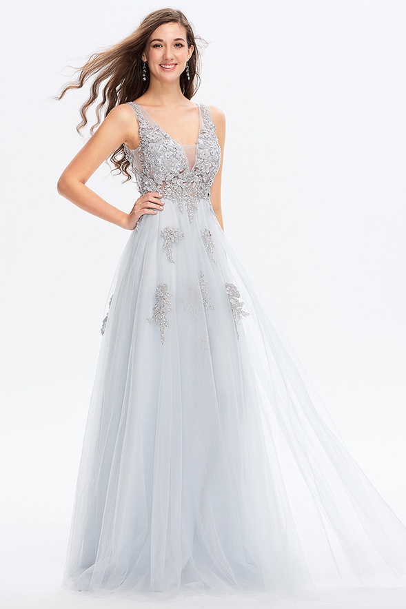 Ovlias Exquisite Wide Shoulder Straps Applique Tulle Backless Prom Dress LY0467