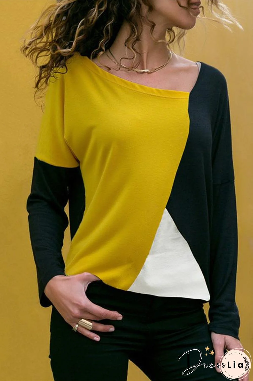 Splice Color Long Sleeve Contracted Style Blouse